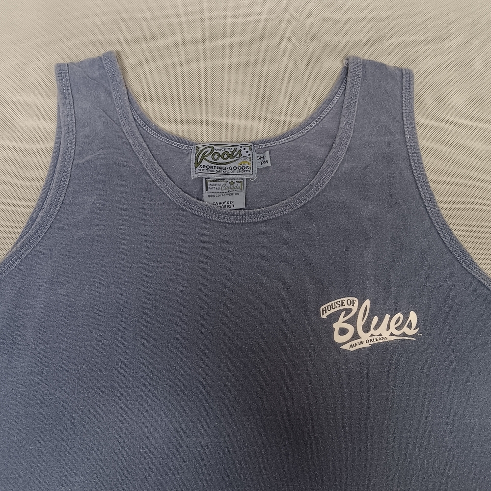 Vtg 90's Roots Sporting Goods House of Blues New Orleans Tank Top Small Blue